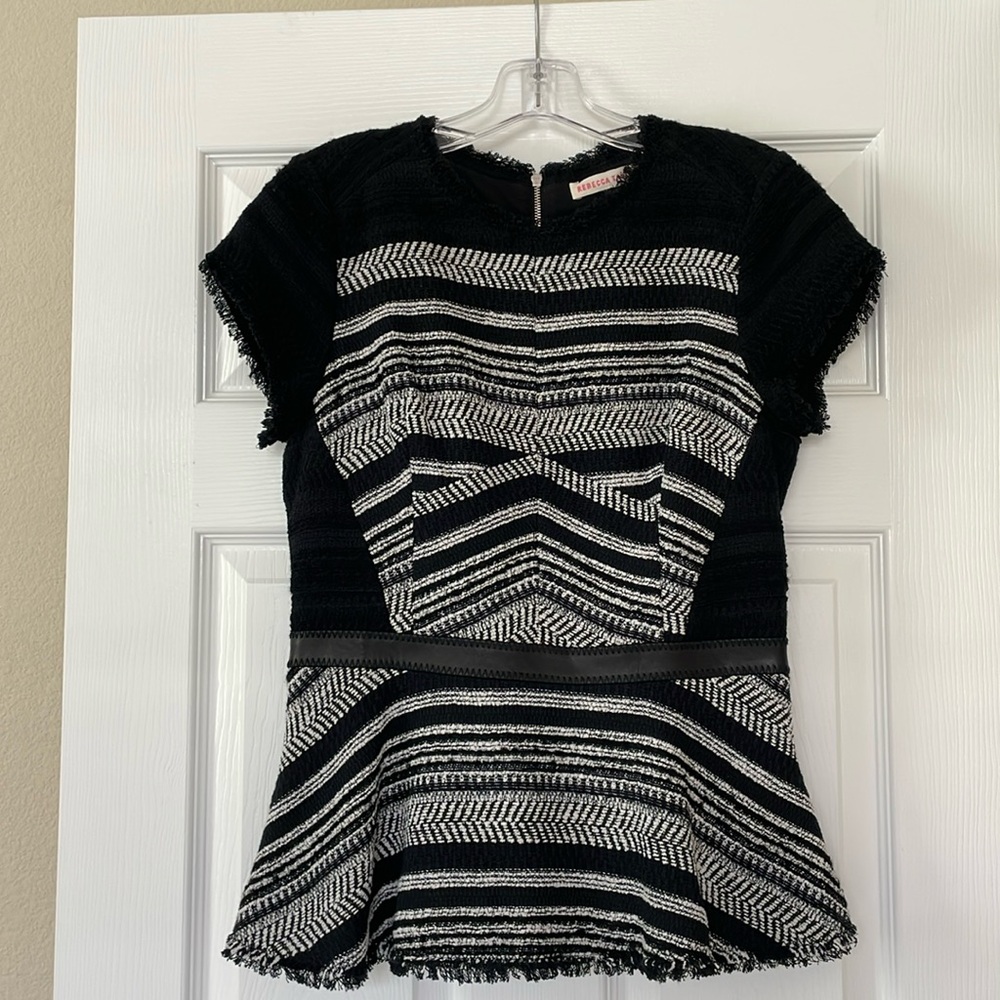 REBECCA TAYLOR BLACK AND WHITE TWEED PEPLUM TOP